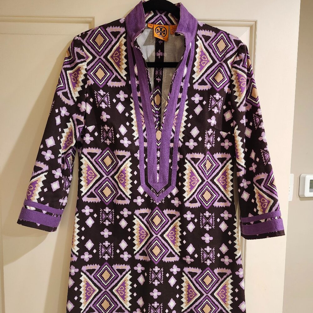 Tory Burch 2 Stretch Cotton Caftan Dress Boho Purple Tribal